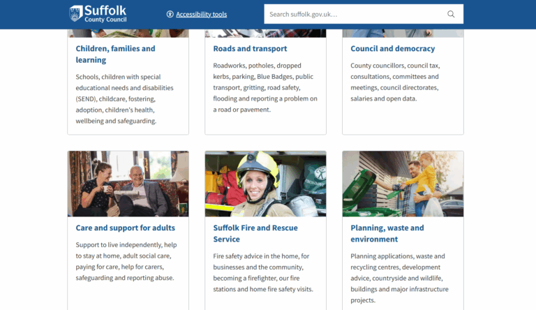 Suffolk County Council Website screenshot that displays the Adult Social Care offering