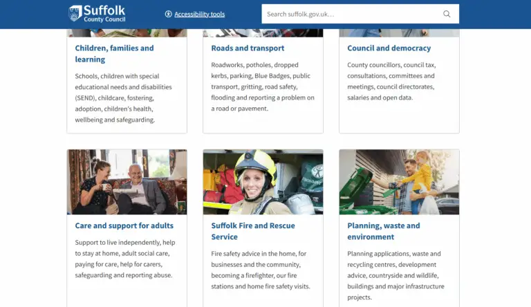 Suffolk County Council Website screenshot that displays the Adult Social Care offering